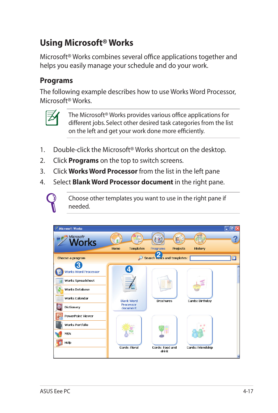 Using microsoft® works | Asus Eee PC 701SD/XP User Manual | Page 57 / 80