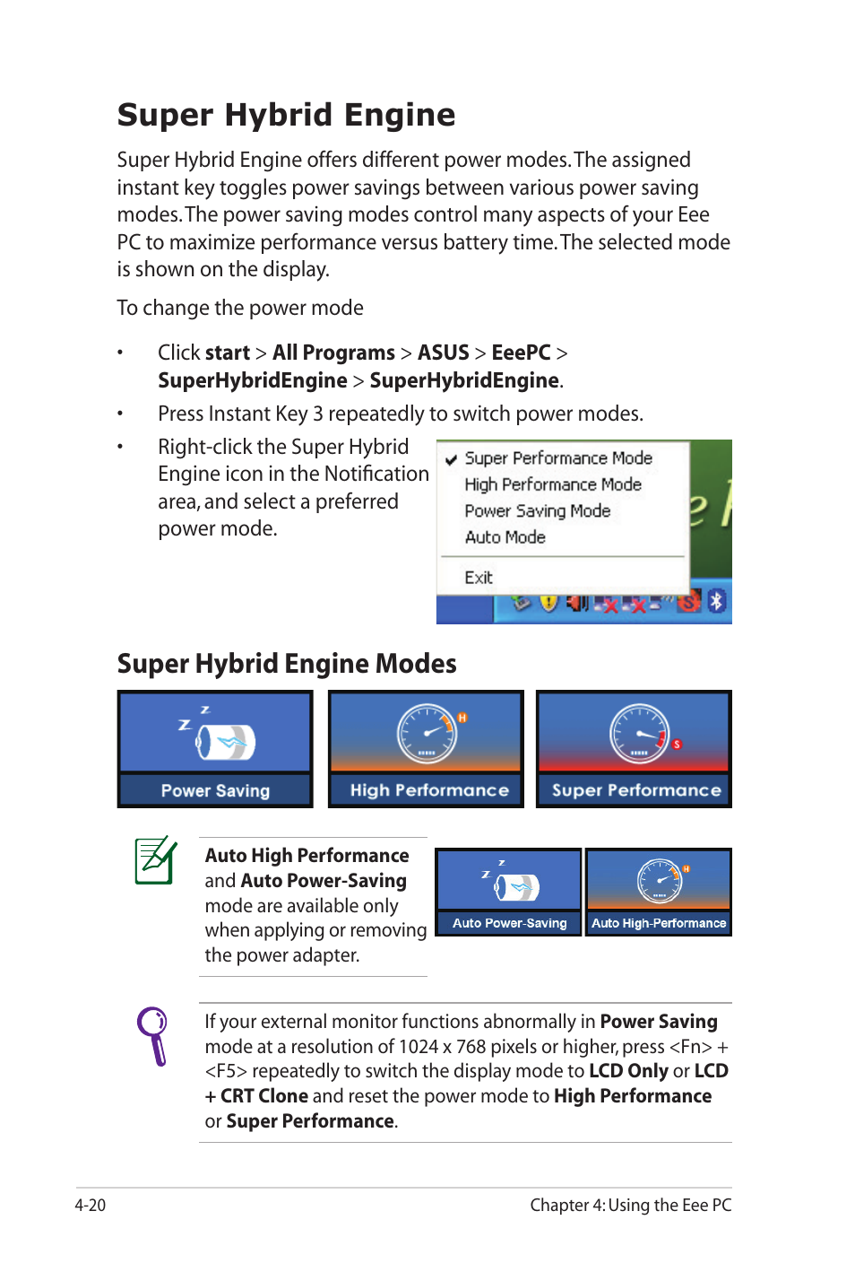 Super hybrid engine, Super hybrid engine modes | Asus Eee PC 701SD/XP User Manual | Page 60 / 80