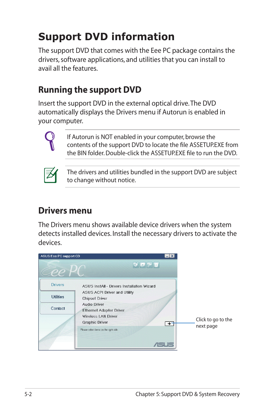 Support dvd information, Running the support dvd, Drivers menu | Asus Eee PC 701SD/XP User Manual | Page 64 / 80