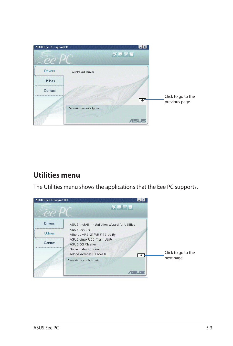 Utilities menu | Asus Eee PC 701SD/XP User Manual | Page 65 / 80