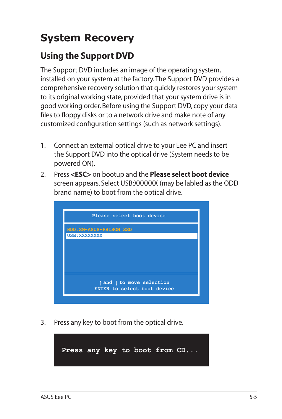 System recovery, Using the support dvd | Asus Eee PC 701SD/XP User Manual | Page 67 / 80