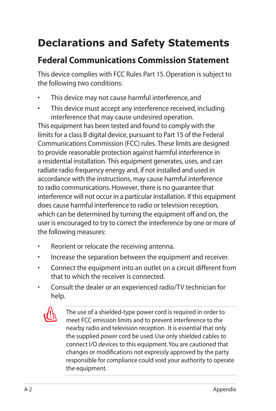 Declarations and safety statements, Federal communications commission statement | Asus Eee PC 701SD/XP User Manual | Page 70 / 80