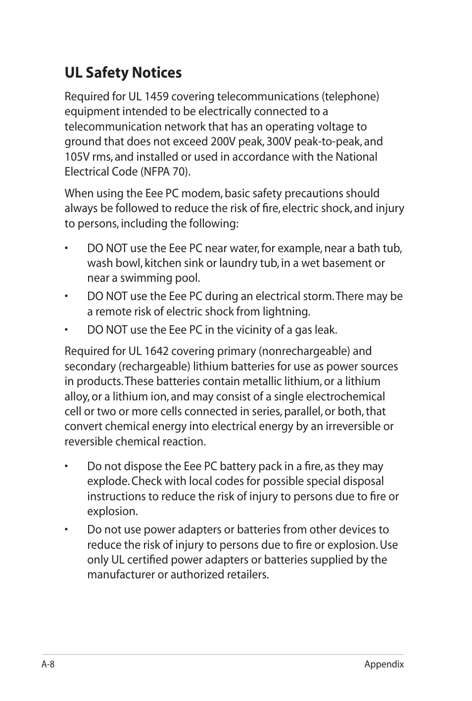 Ul safety notices | Asus Eee PC 701SD/XP User Manual | Page 76 / 80