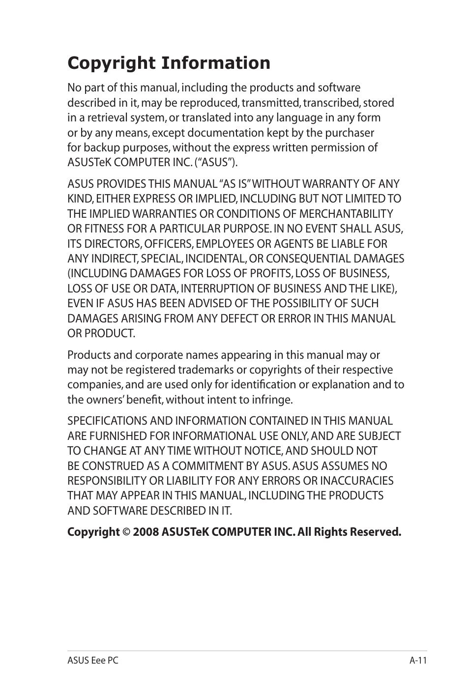 Copyright information | Asus Eee PC 701SD/XP User Manual | Page 79 / 80