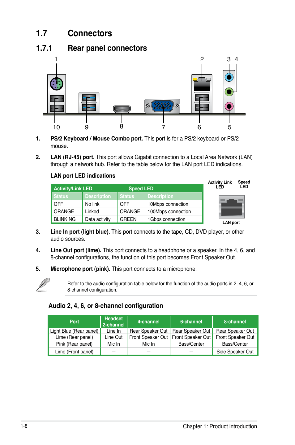 7 connectors, 1 rear panel connectors | Asus C8HM70-I/HDMI User Manual | Page 18 / 62