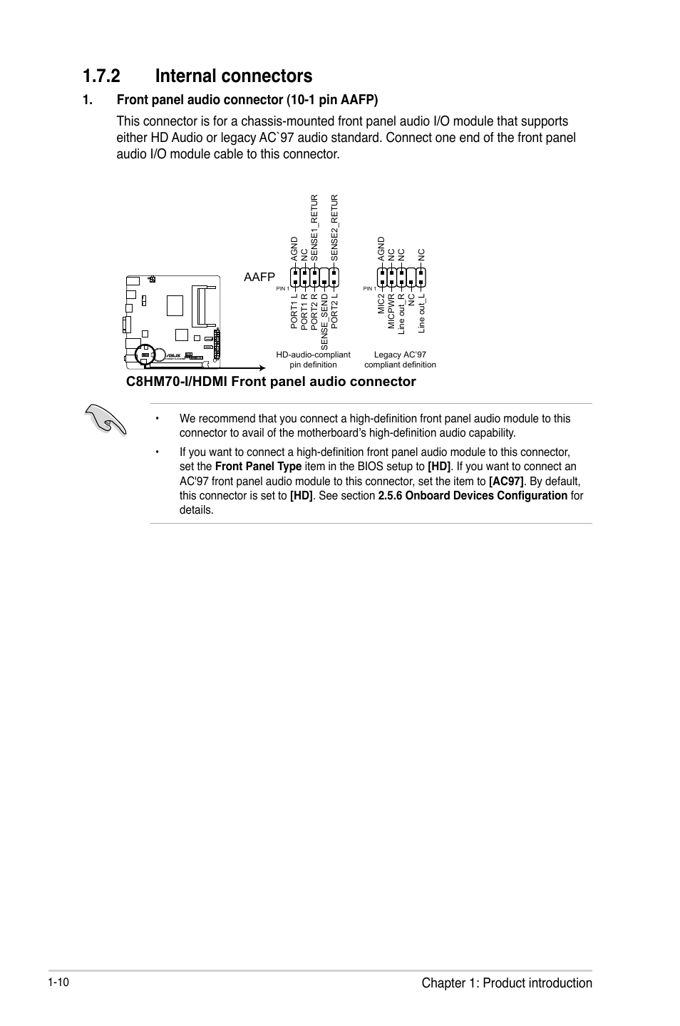 2 internal connectors, Chapter 1: product introduction, C8hm70-i/hdmi front panel audio connector | Asus C8HM70-I/HDMI User Manual | Page 20 / 62