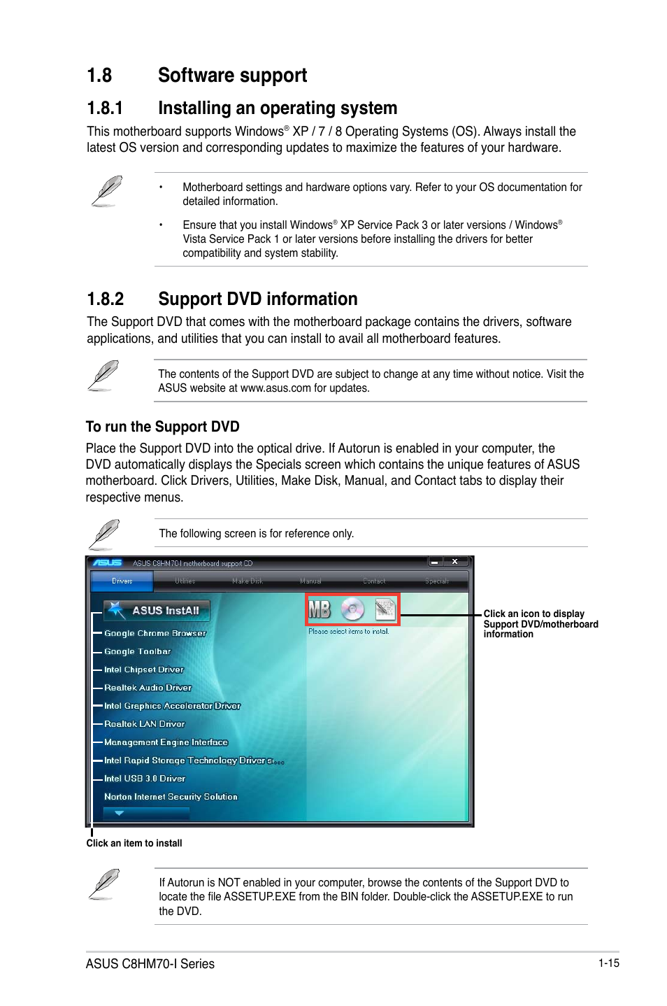 8 software support, 1 installing an operating system, 2 support dvd information | Asus C8HM70-I/HDMI User Manual | Page 25 / 62