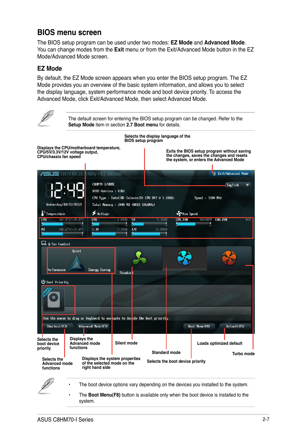 Bios menu screen, Ez mode | Asus C8HM70-I/HDMI User Manual | Page 33 / 62