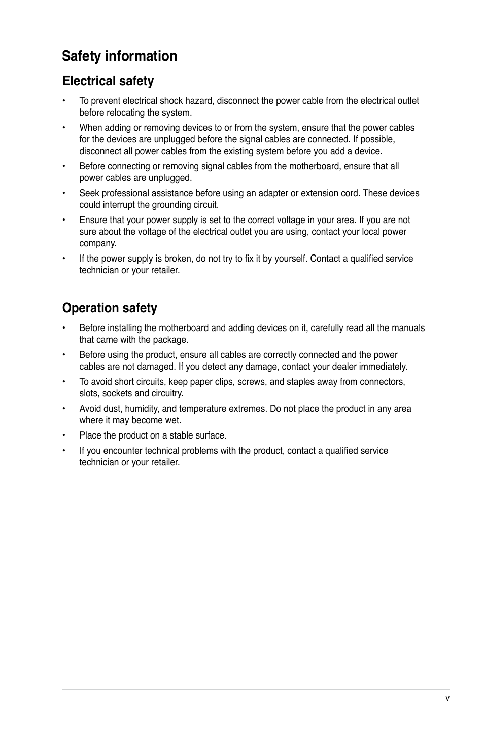 Safety information, Electrical safety, Operation safety | Asus C8HM70-I/HDMI User Manual | Page 5 / 62