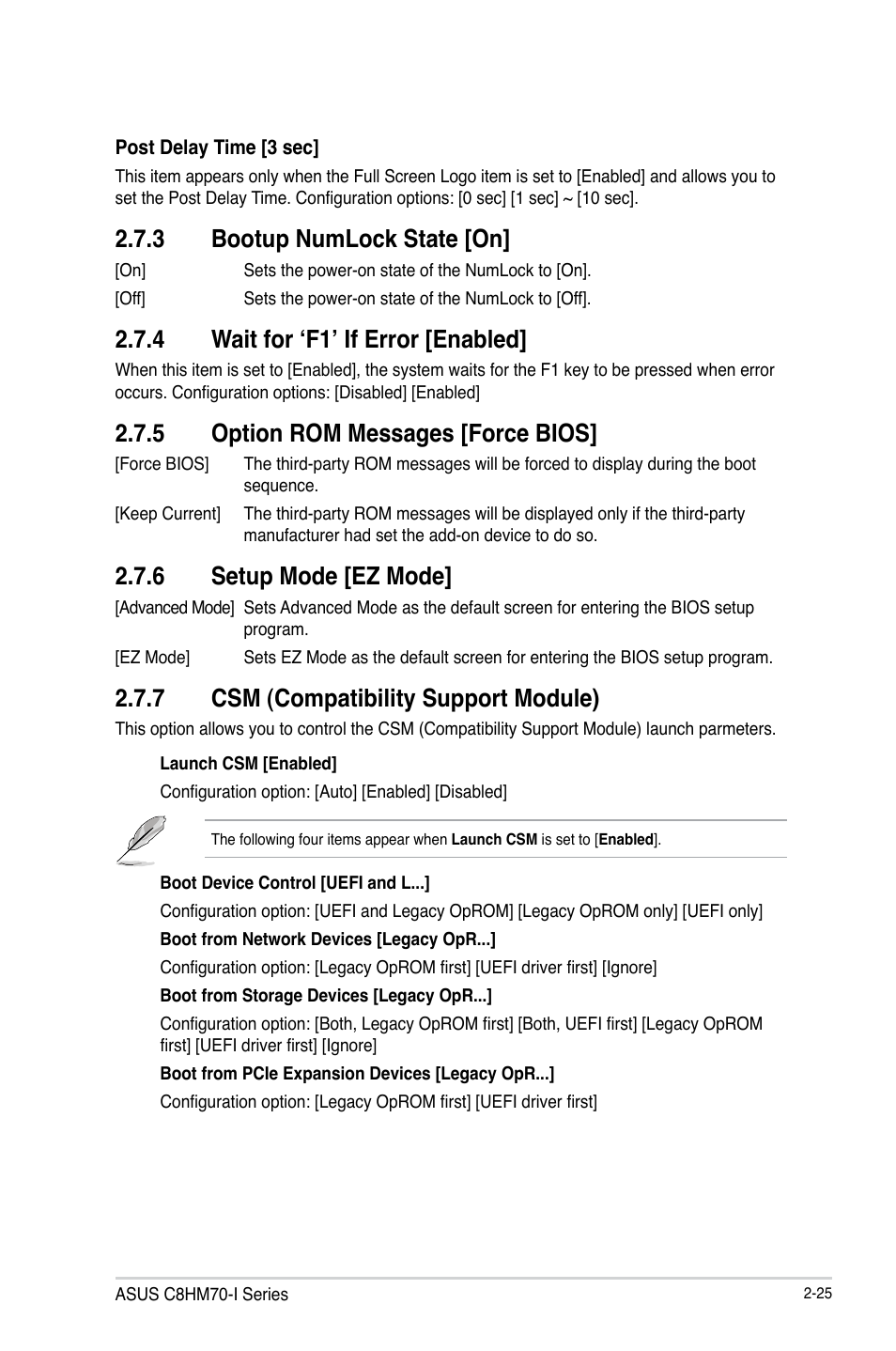 3 bootup numlock state [on, 4 wait for ‘f1’ if error [enabled, 5 option rom messages [force bios | 6 setup mode [ez mode, 7 csm (compatibility support module) | Asus C8HM70-I/HDMI User Manual | Page 51 / 62