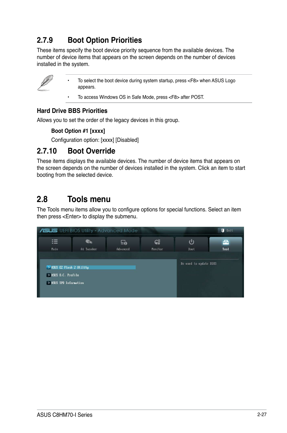 8 tools menu, 9 boot option priorities, 10 boot override | Asus C8HM70-I/HDMI User Manual | Page 53 / 62