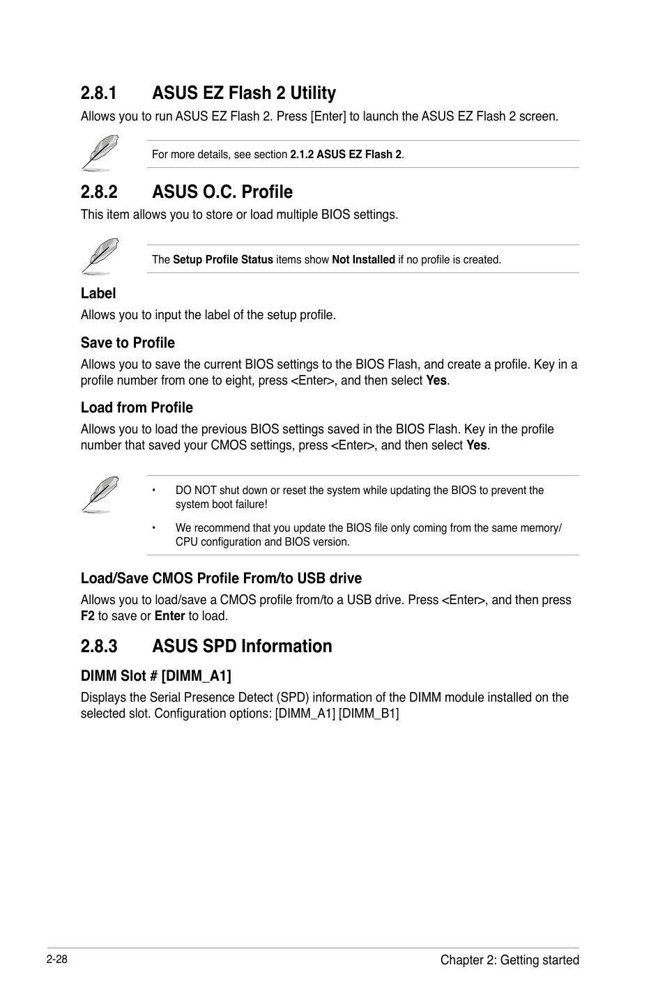 1 asus ez flash 2 utility, 2 asus o.c. profile, 3 asus spd information | Asus C8HM70-I/HDMI User Manual | Page 54 / 62