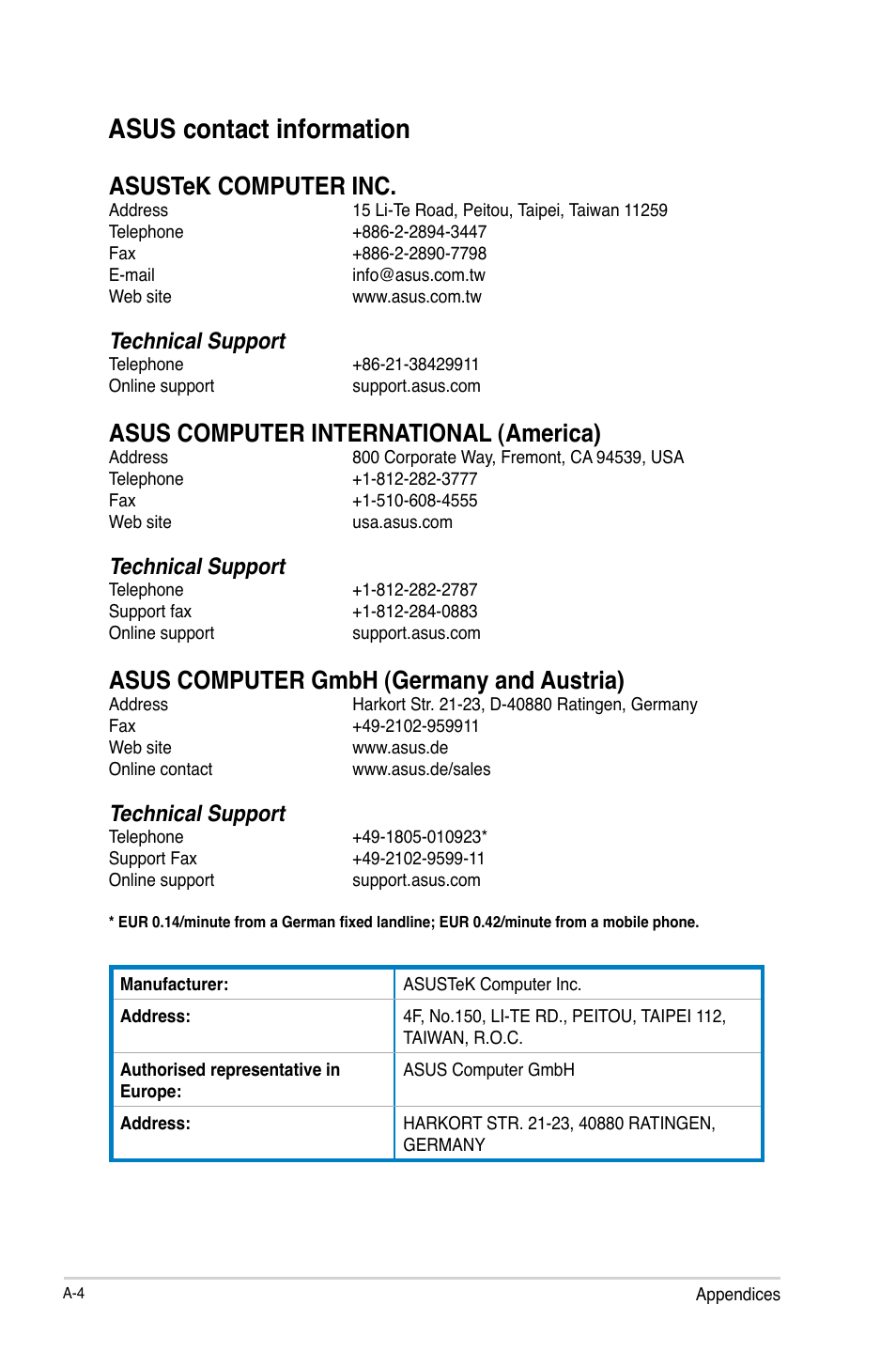 Asus contact information, Asustek computer inc, Asus computer international (america) | Asus computer gmbh (germany and austria), Technical support | Asus C8HM70-I/HDMI User Manual | Page 60 / 62