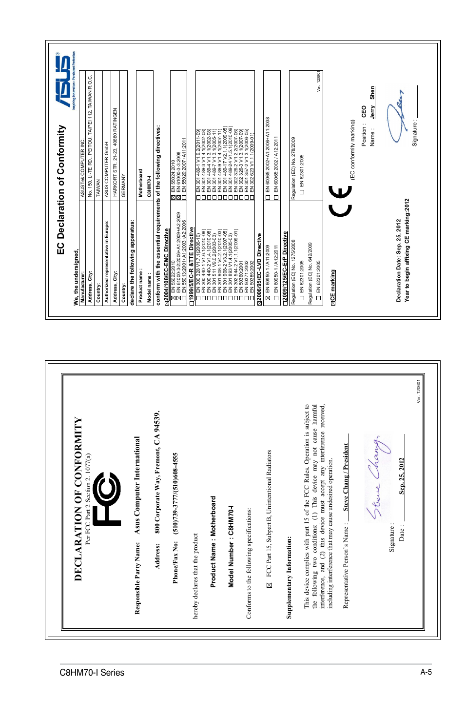 Declaration of conformity, C8hm70-i series, Ec declaration of conformity | Asu s c om pu te r in te rn at io na l | Asus C8HM70-I/HDMI User Manual | Page 61 / 62