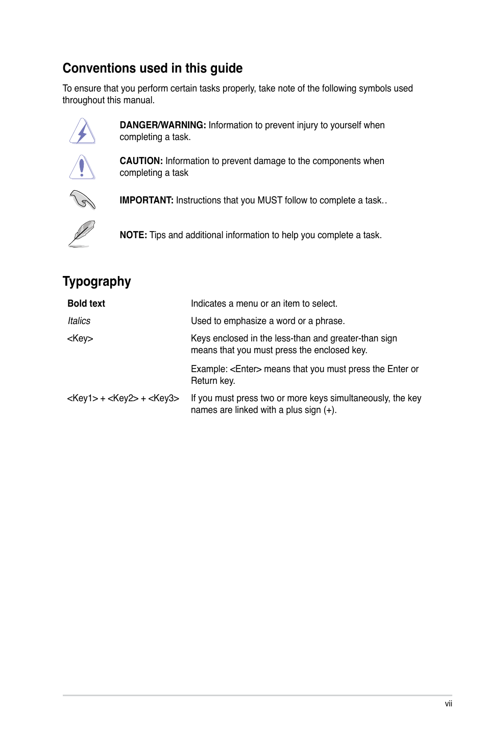 Conventions used in this guide, Typography | Asus C8HM70-I/HDMI User Manual | Page 7 / 62