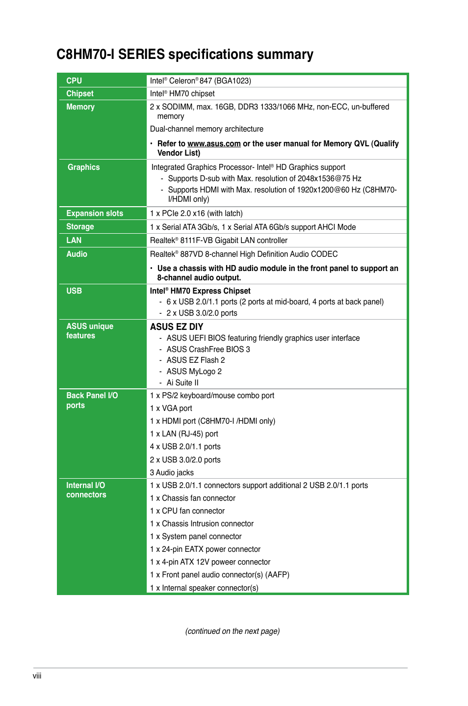 C8hm70-i series specifications summary, Asus ez diy | Asus C8HM70-I/HDMI User Manual | Page 8 / 62