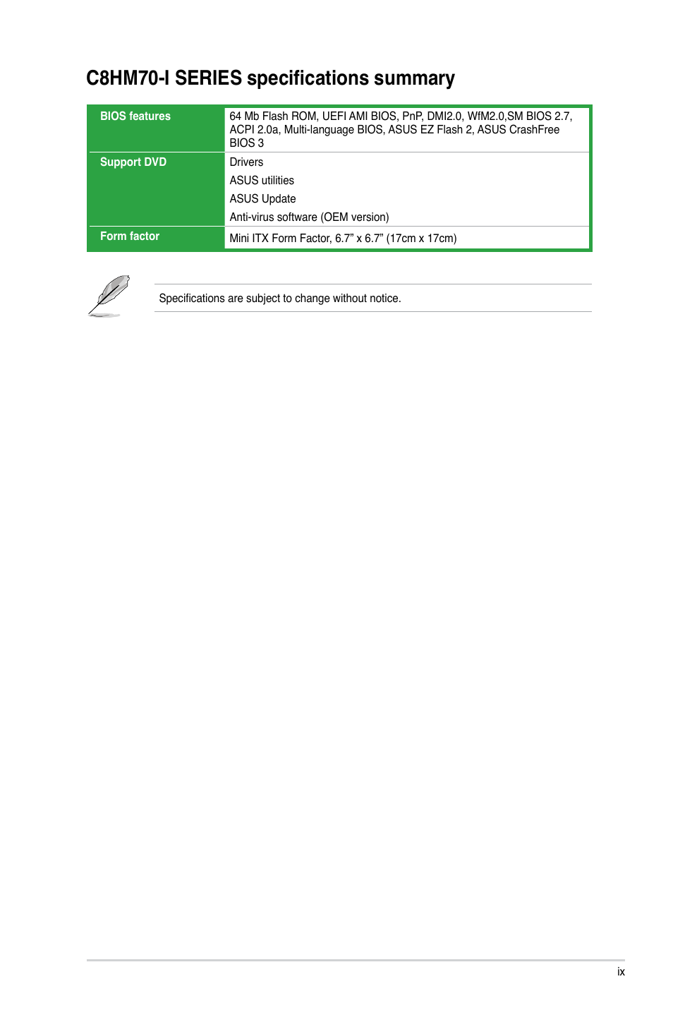 C8hm70-i series specifications summary | Asus C8HM70-I/HDMI User Manual | Page 9 / 62