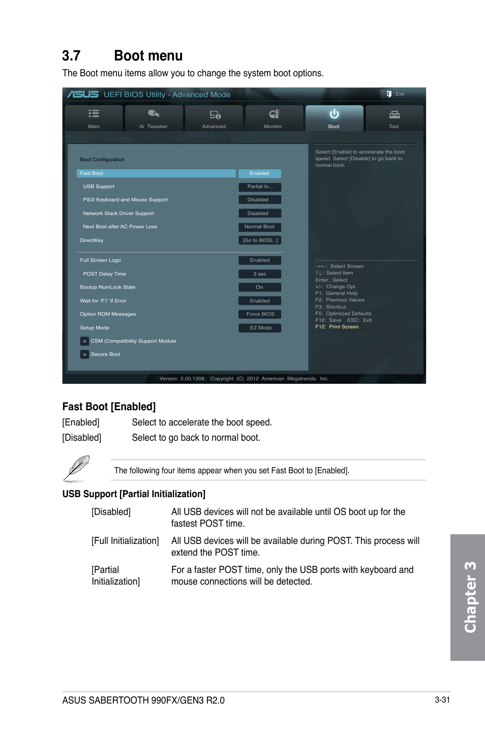 7 boot menu, Boot menu -31, Chapter 3 3.7 boot menu | Fast boot [enabled | Asus SABERTOOTH 990FX/GEN3 R2.0 User Manual | Page 101 / 184