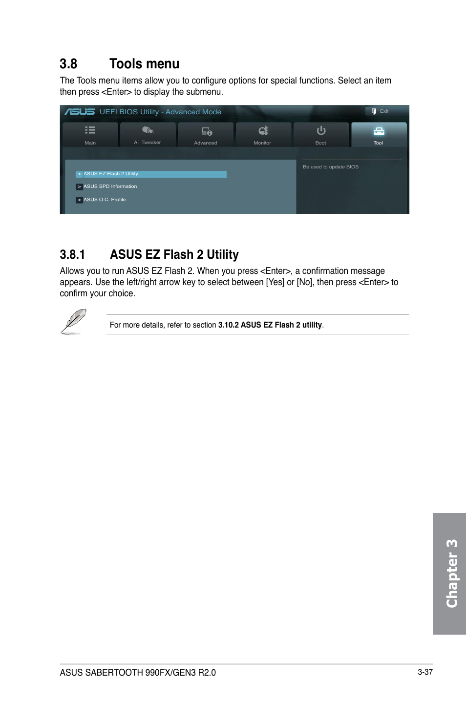 8 tools menu, 1 asus ez flash 2 utility, Tools menu -37 3.8.1 | Asus ez flash 2 utility -37, Chapter 3 3.8 tools menu | Asus SABERTOOTH 990FX/GEN3 R2.0 User Manual | Page 107 / 184