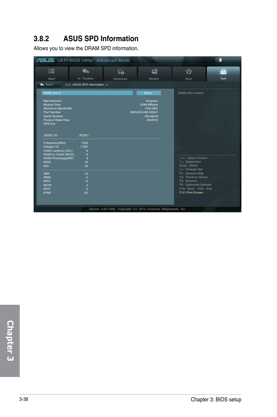 2 asus spd information, Asus spd information -38, Chapter 3 | Chapter 3: bios setup, Allows you to view the dram spd information, Uefi bios utility - advanced mode | Asus SABERTOOTH 990FX/GEN3 R2.0 User Manual | Page 108 / 184