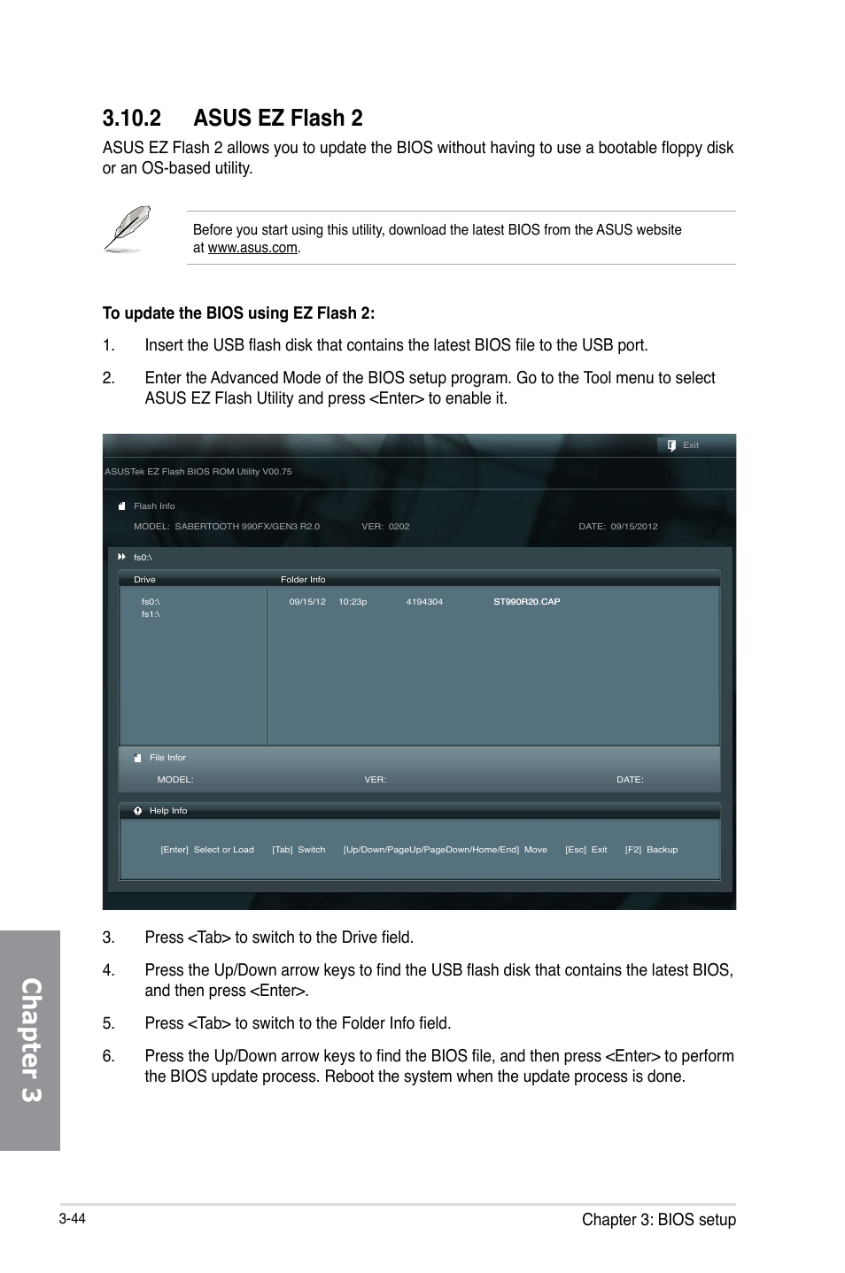 2 asus ez flash 2, Asus ez flash 2 -44, Chapter 3 | Chapter 3: bios setup | Asus SABERTOOTH 990FX/GEN3 R2.0 User Manual | Page 114 / 184