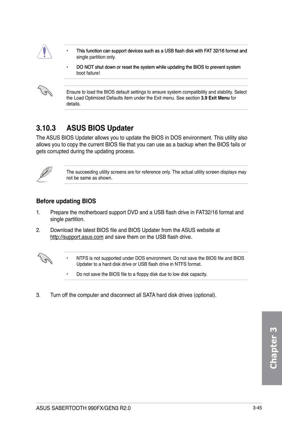 3 asus bios updater, Asus bios updater -45, Chapter 3 | Asus SABERTOOTH 990FX/GEN3 R2.0 User Manual | Page 115 / 184