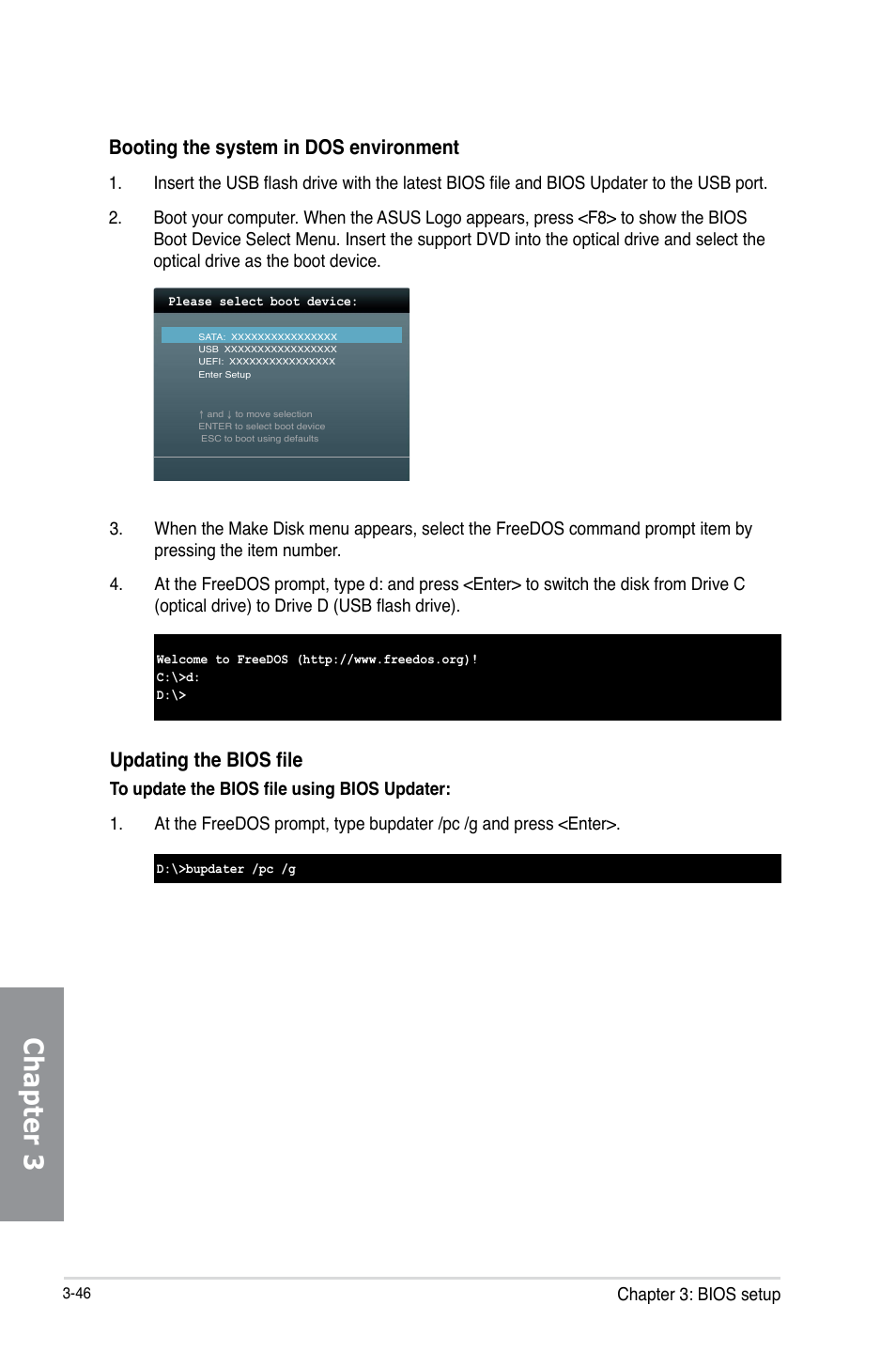 Chapter 3, Booting the system in dos environment, Updating the bios file | Chapter 3: bios setup | Asus SABERTOOTH 990FX/GEN3 R2.0 User Manual | Page 116 / 184