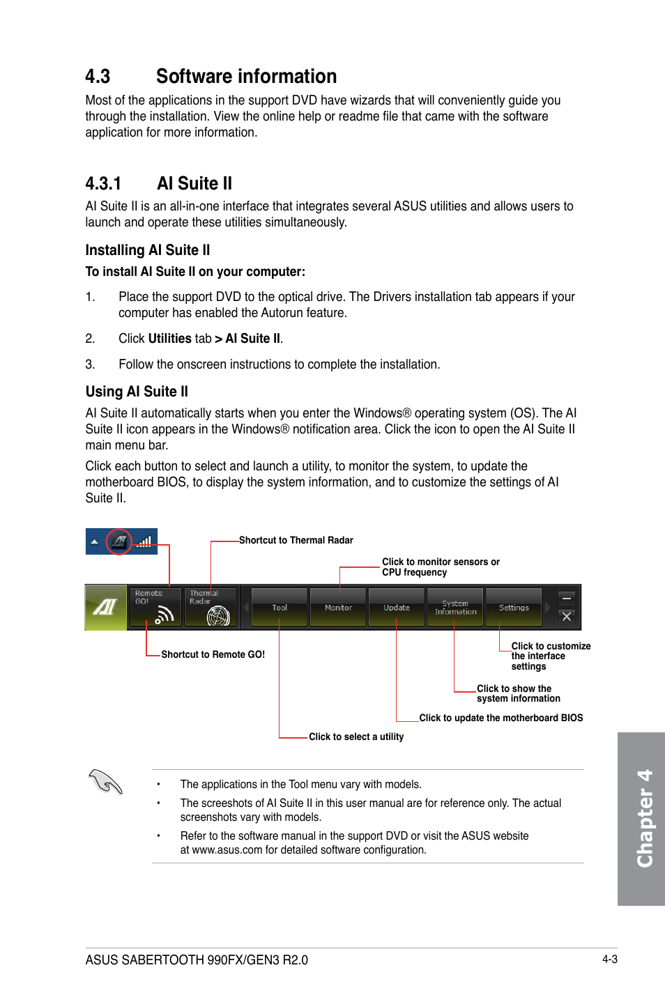 3 software information, 1 ai suite ii, Software information -3 4.3.1 | Ai suite ii -3, Chapter 4 4.3 software information | Asus SABERTOOTH 990FX/GEN3 R2.0 User Manual | Page 121 / 184