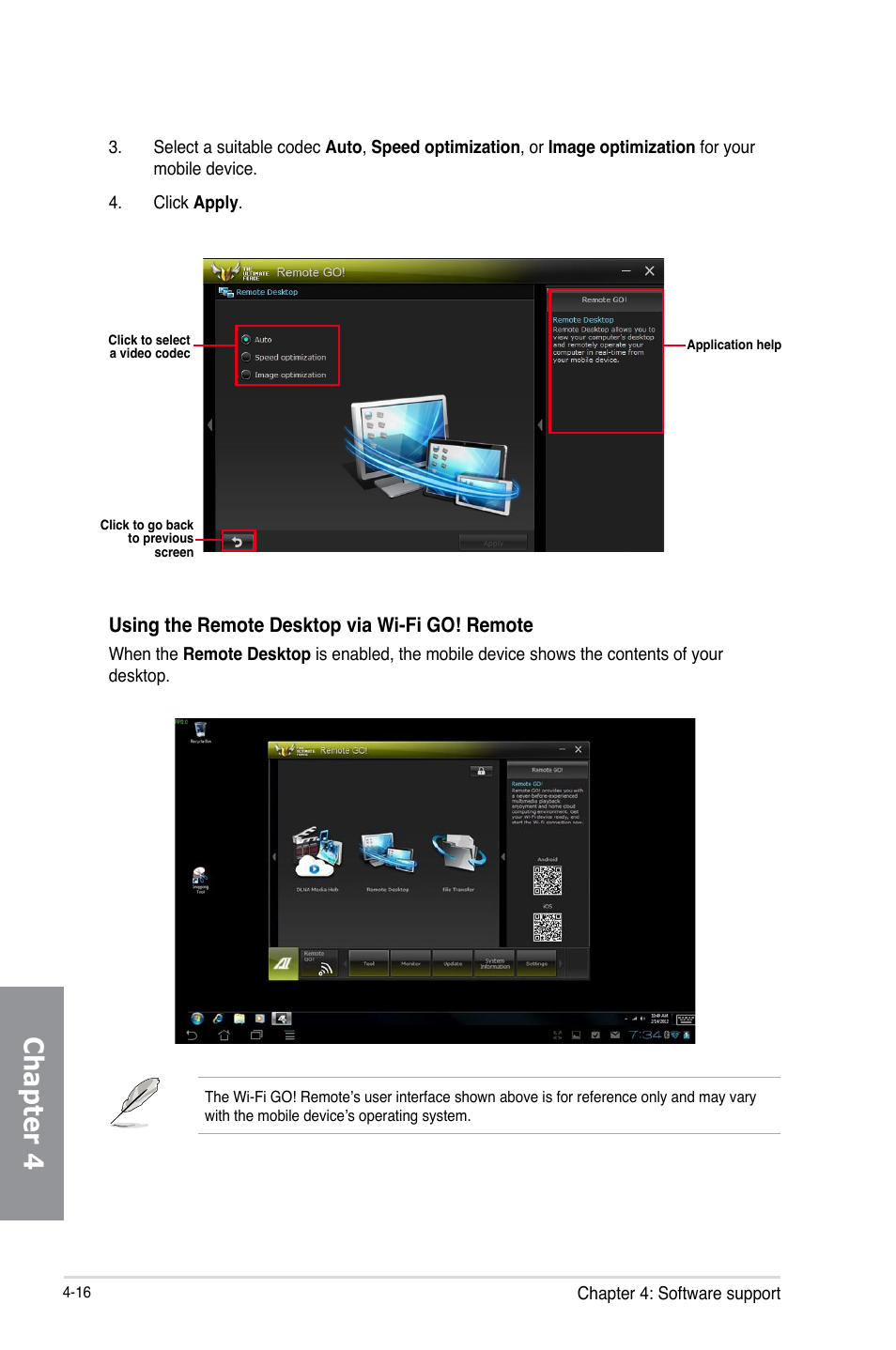 Chapter 4, Using the remote desktop via wi-fi go! remote | Asus SABERTOOTH 990FX/GEN3 R2.0 User Manual | Page 134 / 184