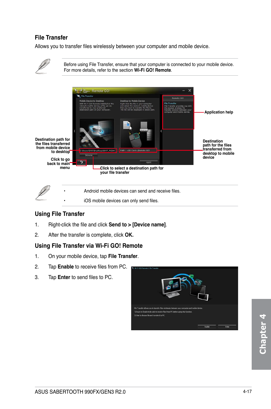 Chapter 4, File transfer, Using file transfer via wi-fi go! remote | Using file transfer | Asus SABERTOOTH 990FX/GEN3 R2.0 User Manual | Page 135 / 184