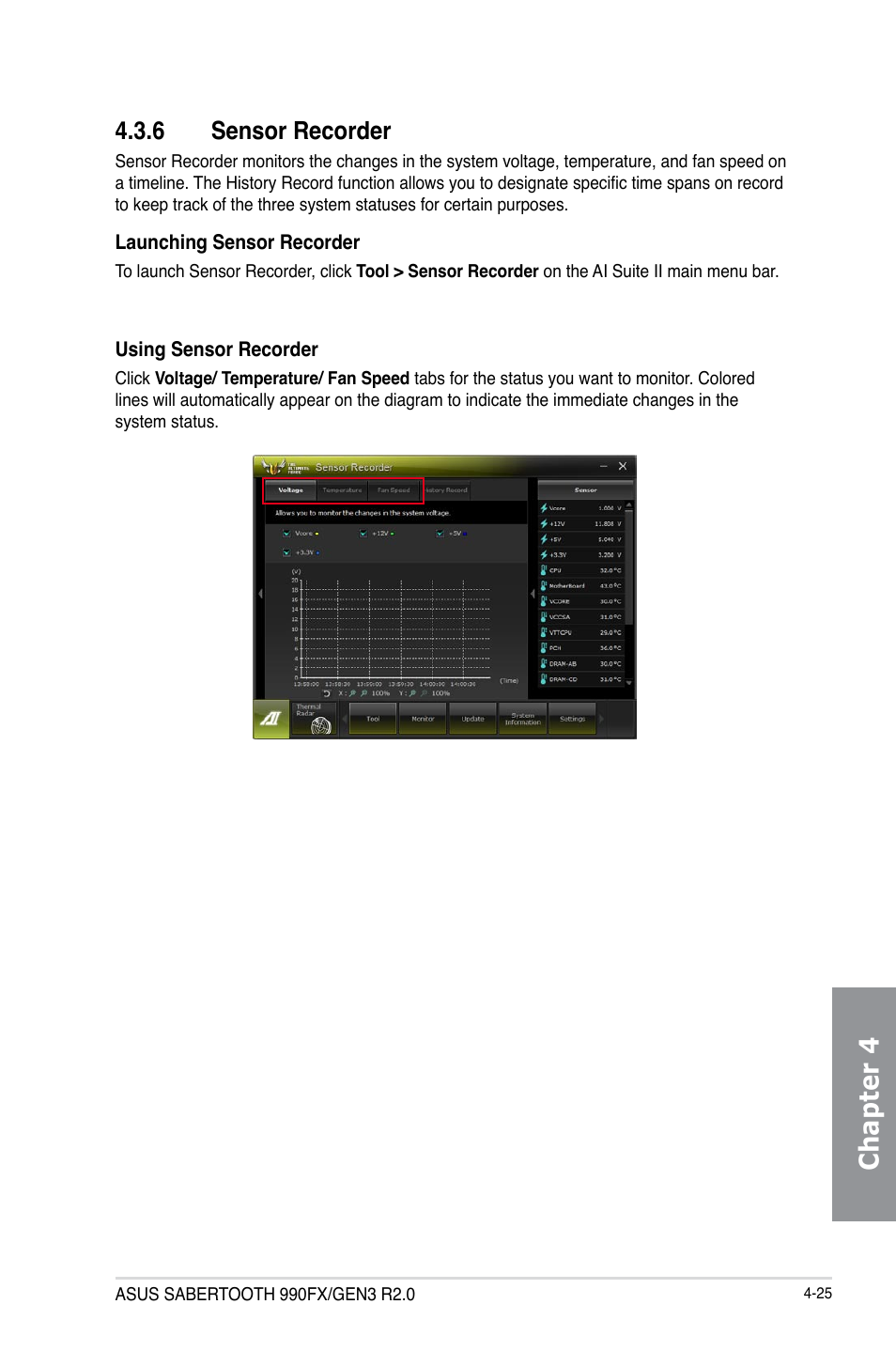 6 sensor recorder, Sensor recorder -25, Chapter 4 | Asus SABERTOOTH 990FX/GEN3 R2.0 User Manual | Page 143 / 184