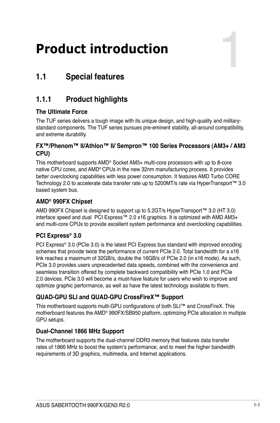 Chapter 1: product introduction, 1 special features, 1 product highlights | Chapter 1, Product introduction, Special features -1 1.1.1, Product highlights -1 | Asus SABERTOOTH 990FX/GEN3 R2.0 User Manual | Page 15 / 184