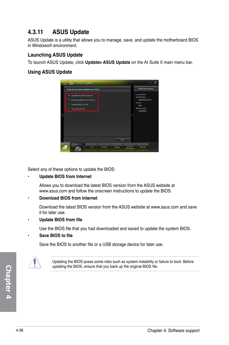 11 asus update, Asus update -36, Chapter 4 | Asus SABERTOOTH 990FX/GEN3 R2.0 User Manual | Page 154 / 184