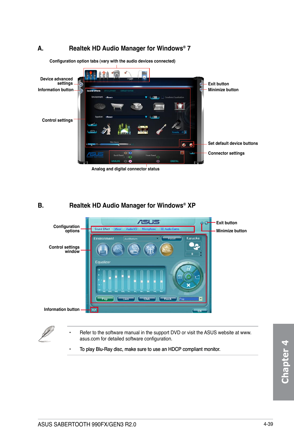 Chapter 4, B. realtek hd audio manager for windows, A. realtek hd audio manager for windows | Asus SABERTOOTH 990FX/GEN3 R2.0 User Manual | Page 157 / 184