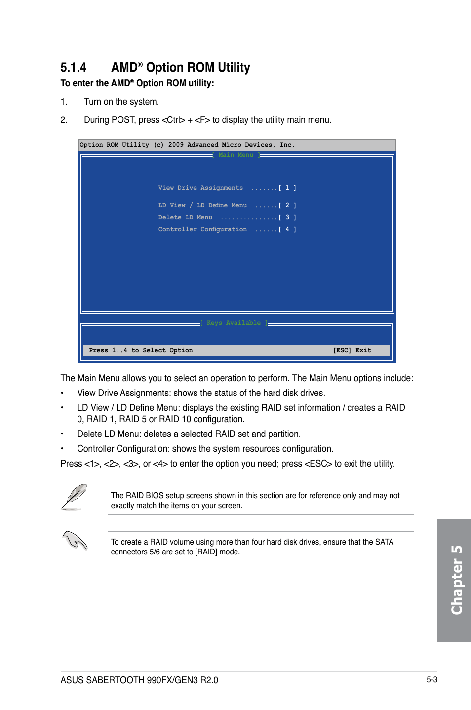 4 amd® option rom utility, Option rom utility -3, Chapter 5 | 4 amd, Option rom utility | Asus SABERTOOTH 990FX/GEN3 R2.0 User Manual | Page 161 / 184