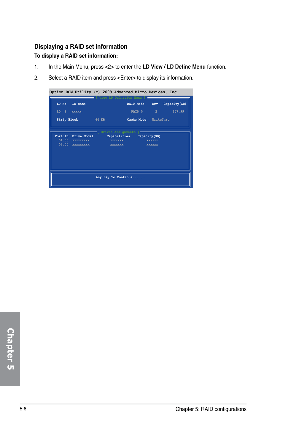 Chapter 5, Displaying a raid set information, Chapter 5: raid configurations | Asus SABERTOOTH 990FX/GEN3 R2.0 User Manual | Page 164 / 184