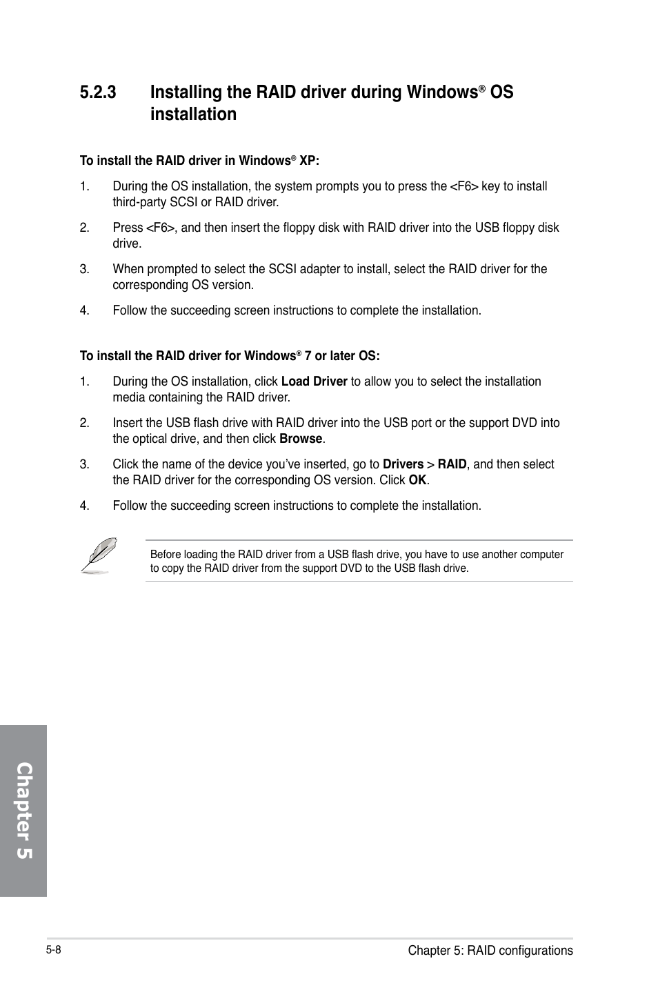 Installing the raid driver during windows, Os installation -8, Chapter 5 | 3 installing the raid driver during windows, Os installation | Asus SABERTOOTH 990FX/GEN3 R2.0 User Manual | Page 166 / 184