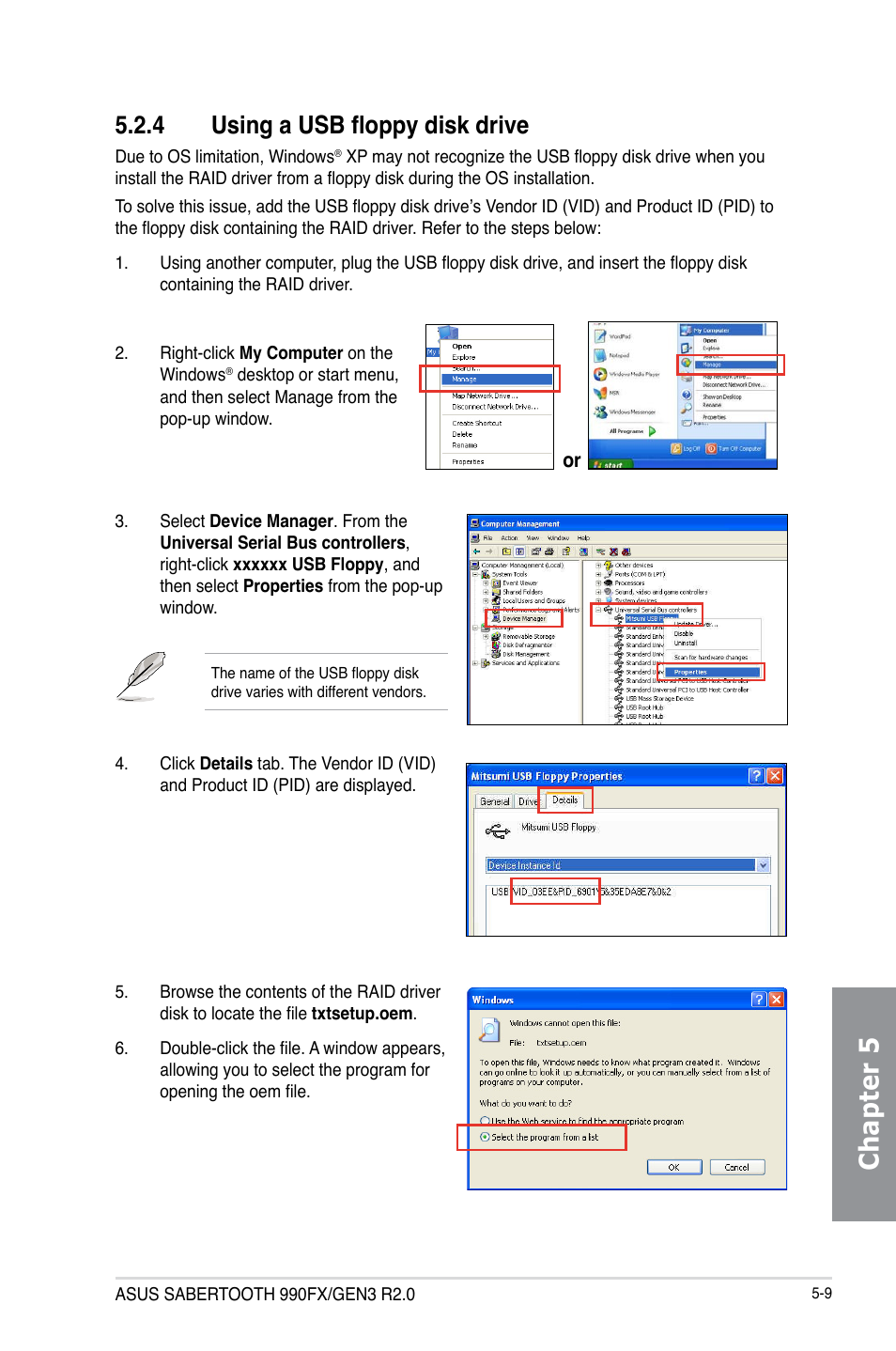 4 using a usb floppy disk drive, Using a usb floppy disk drive -9, Chapter 5 | Asus SABERTOOTH 990FX/GEN3 R2.0 User Manual | Page 167 / 184