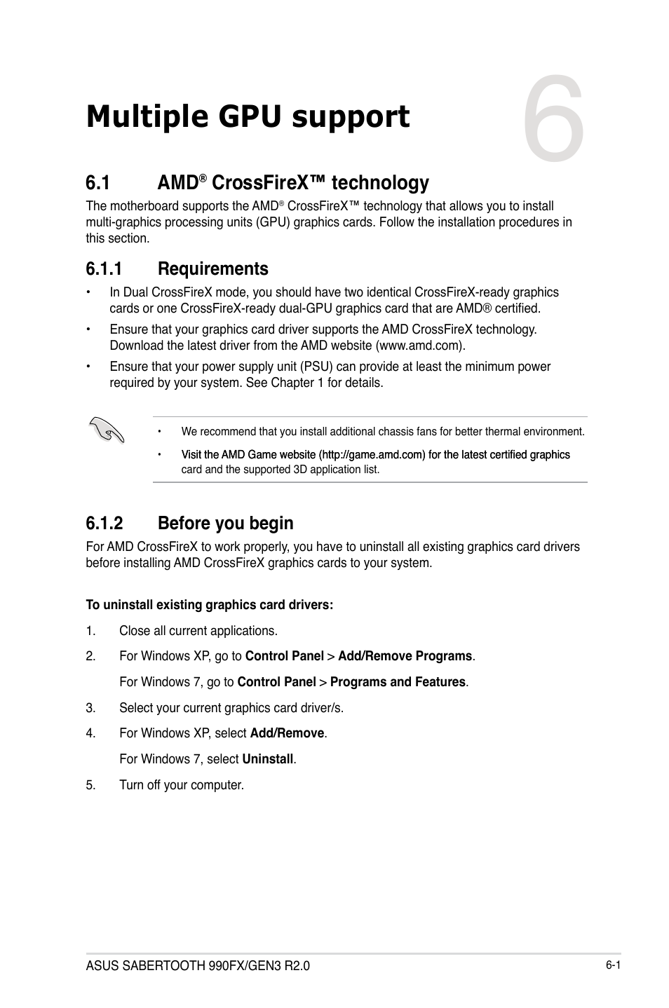 Chapter 6: multiple gpu support, 1 amd® crossfirex™ technology, 1 requirements | 2 before you begin, Chapter 6, Multiple gpu support, Crossfirex™ technology -1, Requirements -1, Before you begin -1, 1 amd | Asus SABERTOOTH 990FX/GEN3 R2.0 User Manual | Page 169 / 184