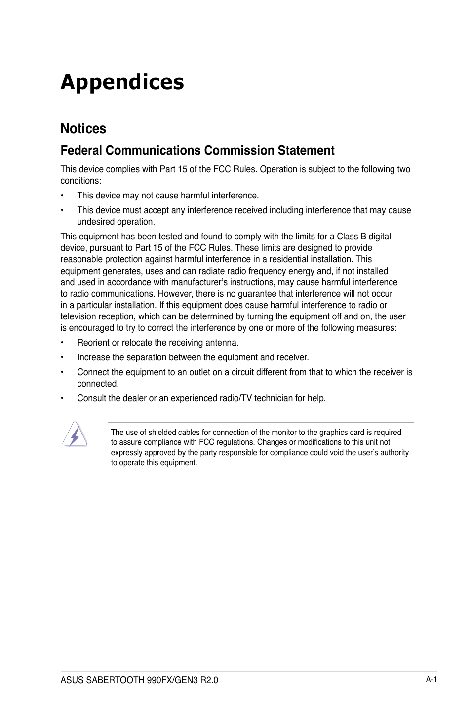 Appendices, Notices, Federal communications commission statement | Asus SABERTOOTH 990FX/GEN3 R2.0 User Manual | Page 179 / 184