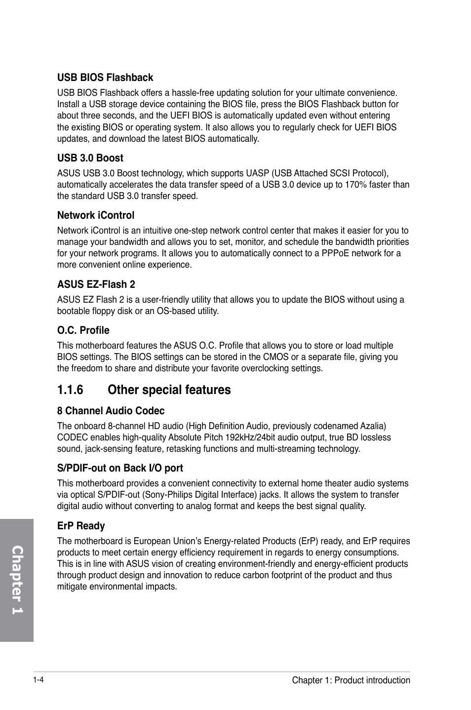 6 other special features, Other special features -4, Chapter 1 | Asus SABERTOOTH 990FX/GEN3 R2.0 User Manual | Page 18 / 184