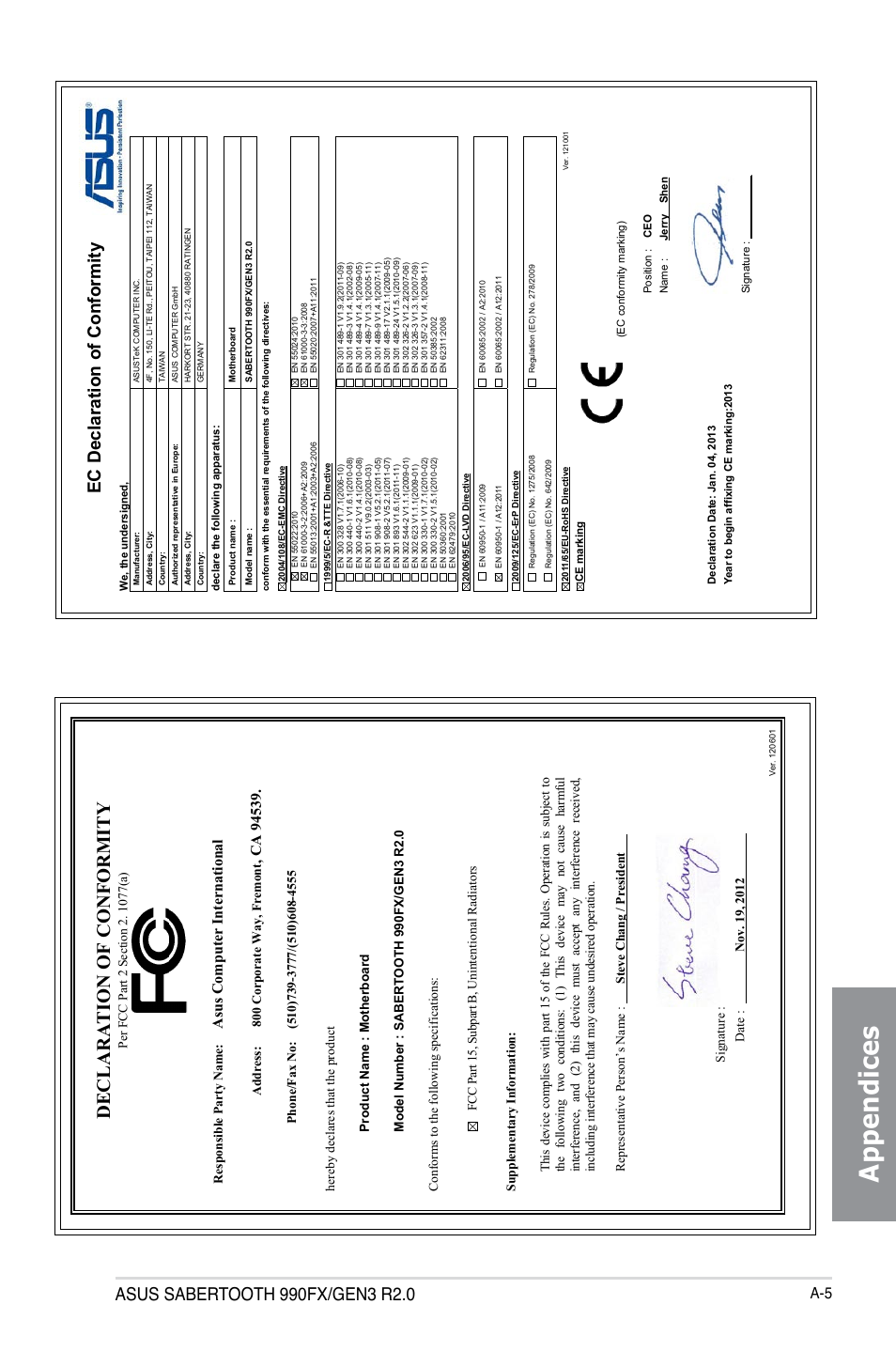 Appendices, Declaration of conformity, Ec declaration of conformity | Asu s c om pu te r in te rn at io na l, Address: 800 corporate way, fremont | Asus SABERTOOTH 990FX/GEN3 R2.0 User Manual | Page 183 / 184