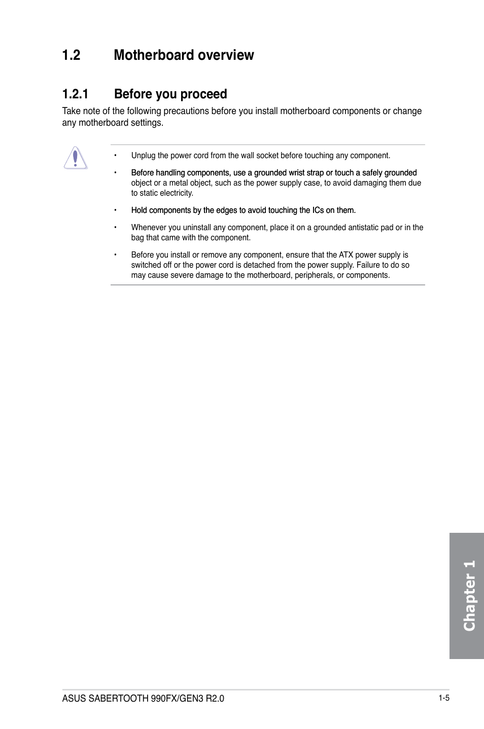 2 motherboard overview, 1 before you proceed, Motherboard overview -5 1.2.1 | Before you proceed -5, Chapter 1 1.2 motherboard overview | Asus SABERTOOTH 990FX/GEN3 R2.0 User Manual | Page 19 / 184