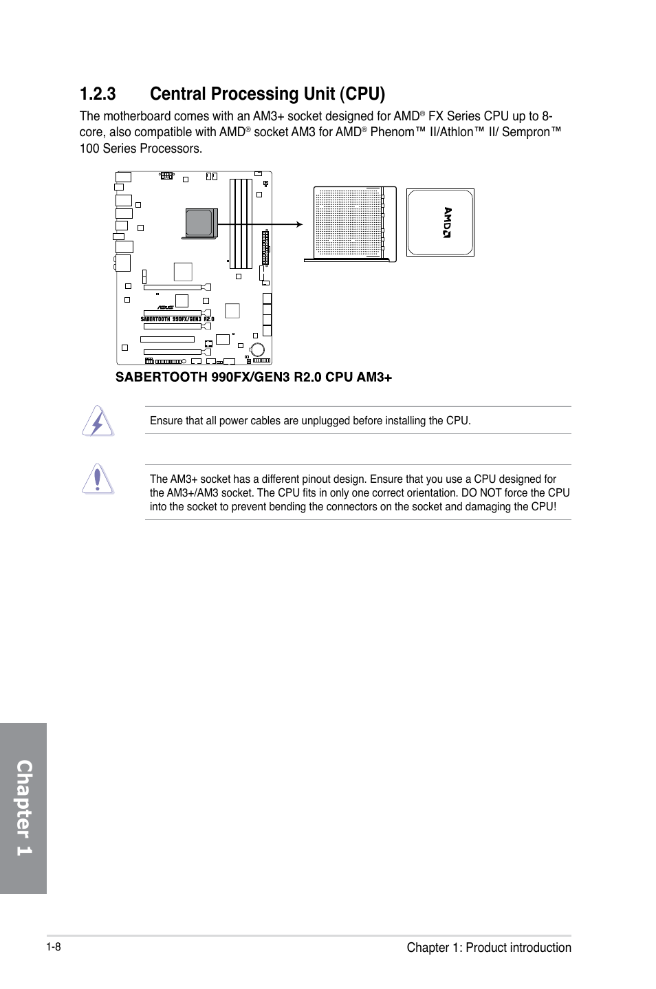 3 central processing unit (cpu), Central processing unit (cpu) -8, Chapter 1 | Asus SABERTOOTH 990FX/GEN3 R2.0 User Manual | Page 22 / 184