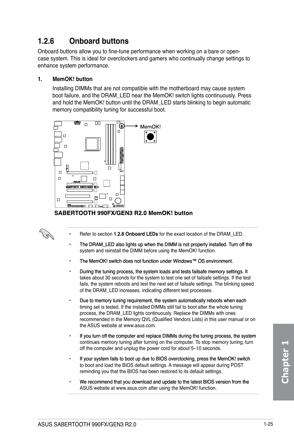 6 onboard buttons, Onboard buttons -25, Chapter 1 | Asus SABERTOOTH 990FX/GEN3 R2.0 User Manual | Page 39 / 184