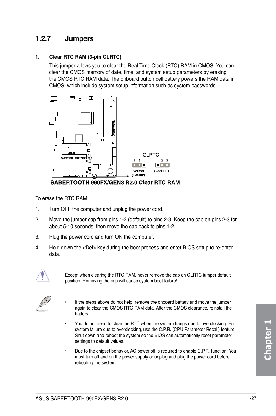 7 jumpers, Jumpers -27, Chapter 1 | Asus SABERTOOTH 990FX/GEN3 R2.0 User Manual | Page 41 / 184