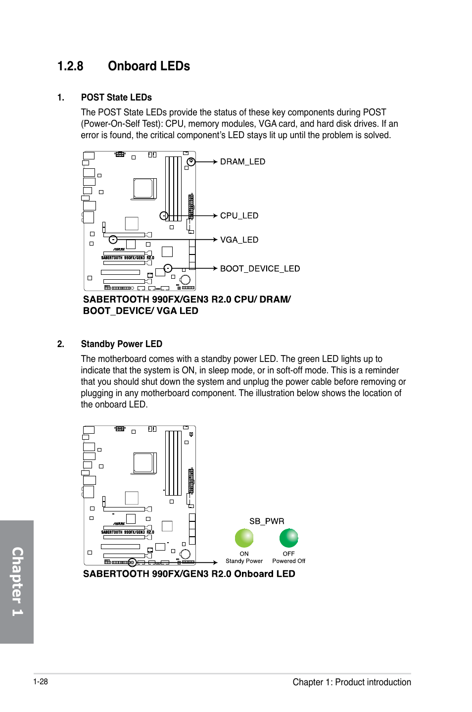 8 onboard leds, Onboard leds -28, Chapter 1 | Asus SABERTOOTH 990FX/GEN3 R2.0 User Manual | Page 42 / 184