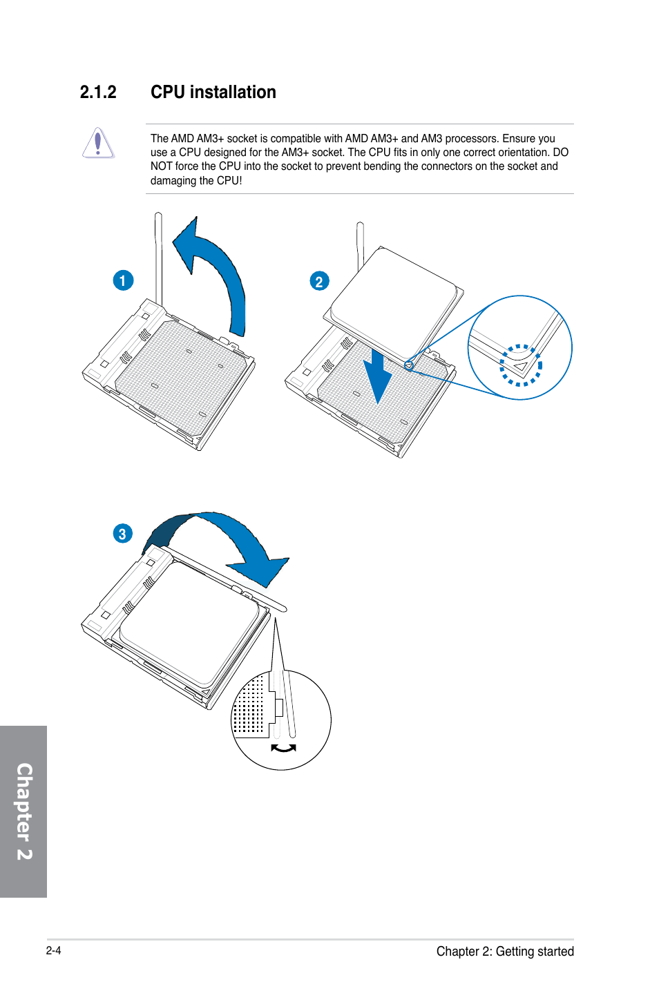 2 cpu installation, Cpu installation -4, Chapter 2 | Asus SABERTOOTH 990FX/GEN3 R2.0 User Manual | Page 56 / 184