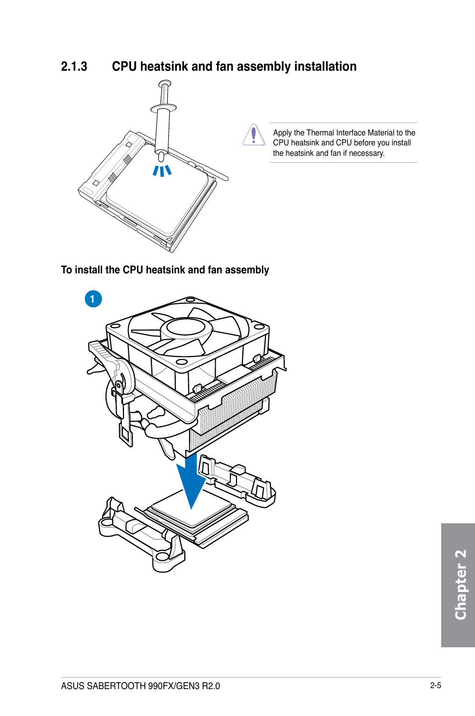 3 cpu heatsink and fan assembly installation, Cpu heatsink and fan assembly installation -5, Chapter 2 | Asus SABERTOOTH 990FX/GEN3 R2.0 User Manual | Page 57 / 184