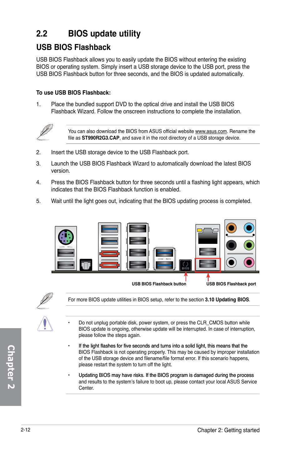 2 bios update utility, Bios update utility -12, Chapter 2 2.2 bios update utility | Usb bios flashback | Asus SABERTOOTH 990FX/GEN3 R2.0 User Manual | Page 64 / 184